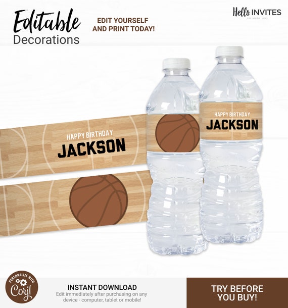 Basketball Water Bottle Wrapper Birthday Decorations - Instant Access Edit Now - Basketball Court Sports Digital Printable DIY Decor Il_570xn