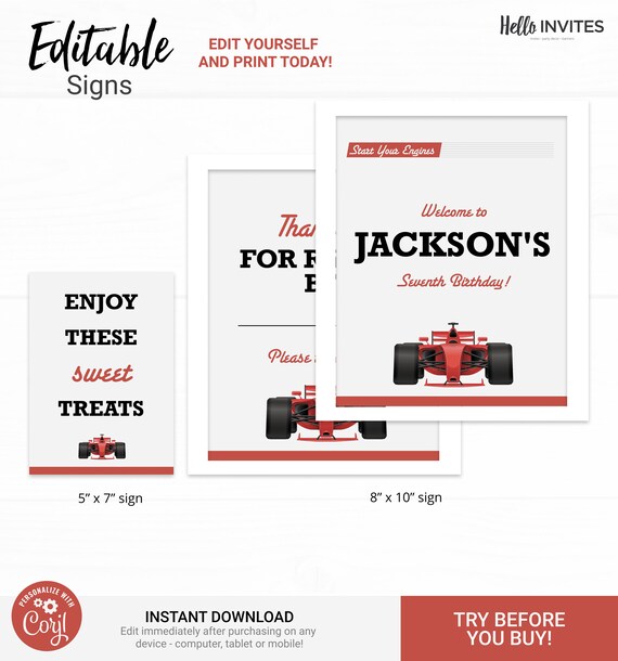 Race Car Custom Party Sign Birthday Decorations - Instant Access Edit Now - Start Your Engines Racing Digital Printable DIY Decor Il_570xn