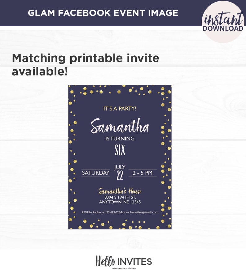 Glam Birthday Facebook Event Invitation Pink Blue Gold Girl Birthday Invite Girly Digital Facebook Invite