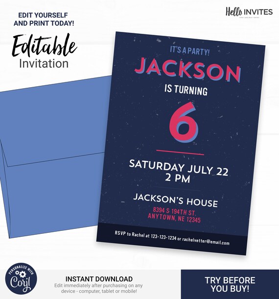 Geometric Birthday Invitation - Instant Access Edit Now - Minimal Modern Clean Blue Invite Digital Printable DIY Invitation Il_570xn