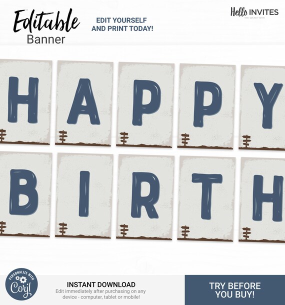 Camping Editable Birthday Banner Decorations - Instant Access Edit Now - Forest Camping Mountains Blue Decor Digital Printable DIY Il_570xn