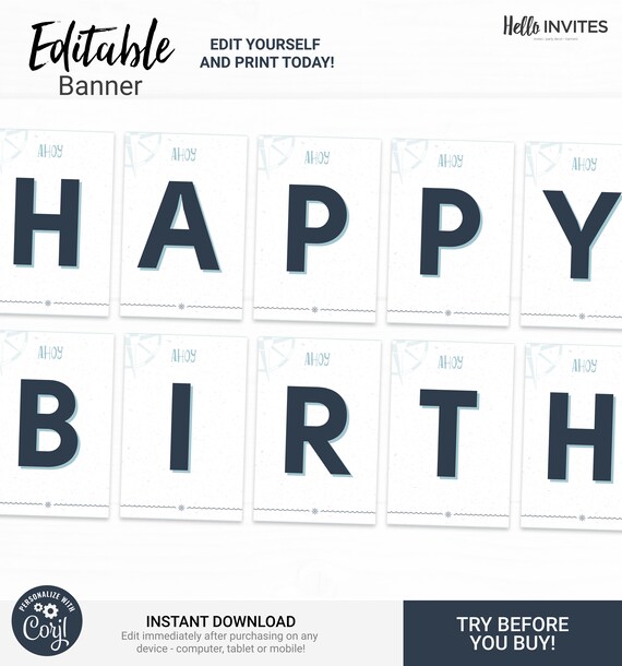 Nautical Editable Happy Birthday Banner Decorations - Instant Access Edit Now - Ahoy Sailor Anchor Party Digital Printable DIY Decor Il_570xn