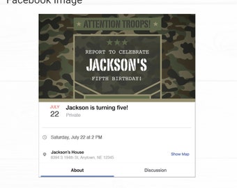 Camo Facebook Event Birthday Invitation - Instant Access Edit Now - Military Army Camouflage Invite Digital Printable DIY Invitation