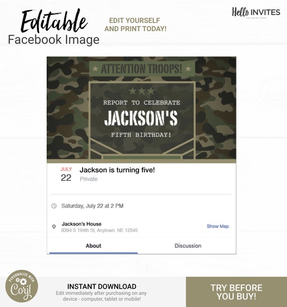 Camo Facebook Event Birthday Invitation - Instant Access Edit Now - Military Army Camouflage Invite Digital Printable DIY Invitation Il_570xn