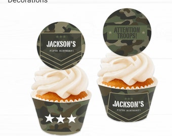 Camo Cupcake Topper and Wrapper Birthday Decorations - Instant Access Edit Now - Military Army Digital Printable DIY Decor