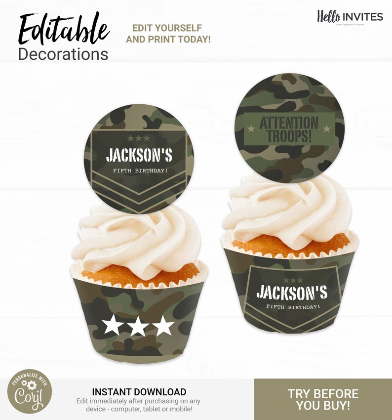 Camo Cupcake Topper and Wrapper Birthday Decorations Instant Access