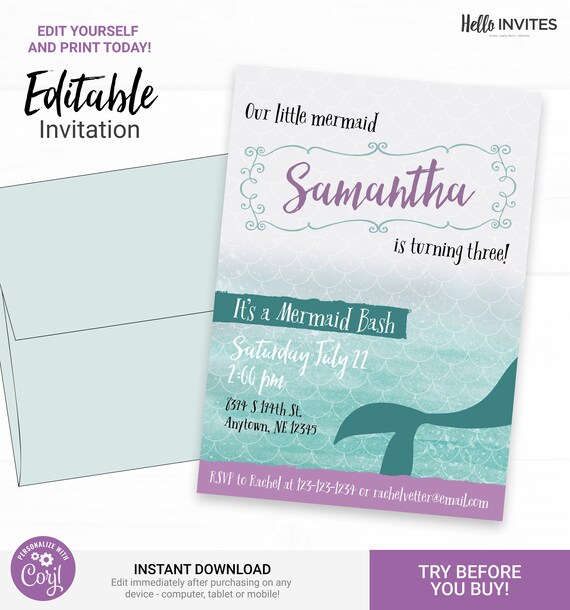 Mermaid Birthday Invitation - Instant Access Edit Now - Under the Sea Ocean Pool Party Invite Digital Printable DIY Invitation Il_570xn