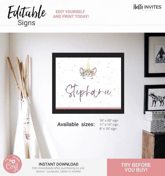 Unicorn Playroom Bedroom Wall Art - Instant Access Edit Now - Magical Rainbow Nursery Toddler Kids Name Sign Decoration Printable Il_570xn