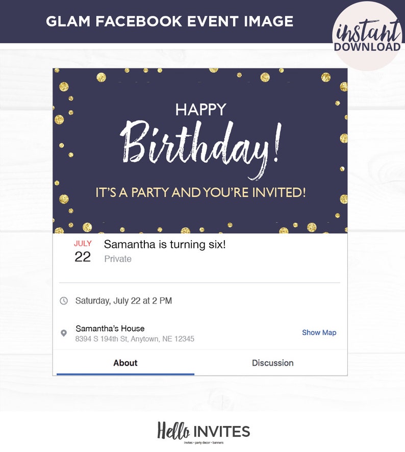 Glam Birthday Facebook Event Invitation Pink Blue Gold Girl Birthday Invite Girly Digital Facebook Invite