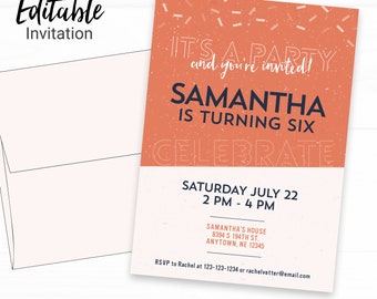 Confetti Birthday Invitation - Instant Access Edit Now - Celebrate Sprinkles Orange Invite Digital Printable DIY Invitation