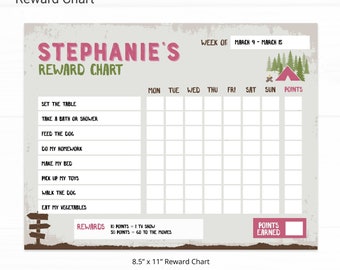 Camping Editable Reward Chart - Instant Access Edit Now - Forest Camping Mountains Pink Printable Chore Chart Weekly Reward Chart for Kids