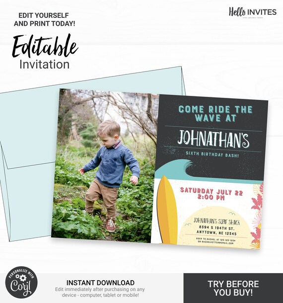 Surf Birthday Invitation with Photo - Instant Access Edit Now - Surfing Ride The Wave Party Invite Digital Printable DIY Invitation Il_570xn