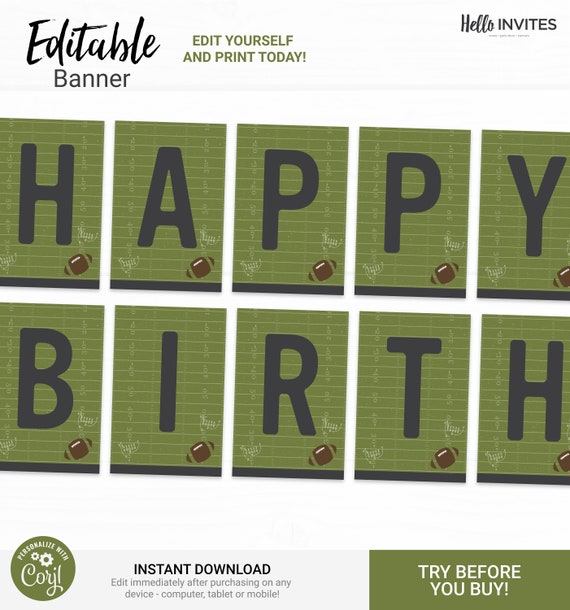 Football Editable Happy Birthday Banner Decorations - Instant Access Edit Now - Football Field Sports Digital Printable DIY Decor Il_570xn