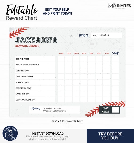 Baseball Editable Reward Chart - Instant Access Edit Now - Baseball Bat Field Printable Chore Chart Weekly Reward Chart for Kids Printable Il_570xn