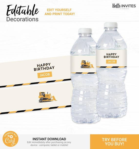 Construction Water Bottle Wrapper Birthday Decorations - Instant Access Edit Now - Dump Truck Party Digital Printable DIY Decor Il_570xn