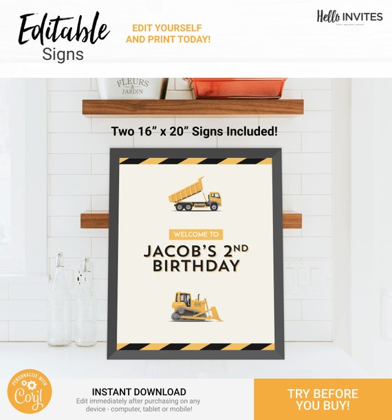 Construction Custom Party Signs Birthday Decorations - Instant Access Edit Now - Dump Truck Party Digital Printable DIY Decor Il_570xn