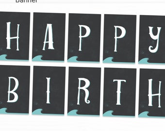 Surf Editable Happy Birthday Banner Decorations - Instant Access Edit Now - Surfing Ride The Wave Party Digital Printable DIY Decor