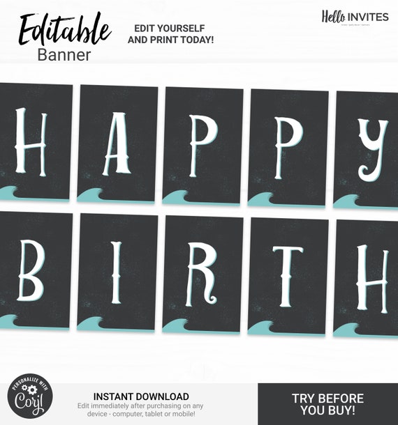 Surf Editable Happy Birthday Banner Decorations - Instant Access Edit Now - Surfing Ride The Wave Party Digital Printable DIY Decor Il_570xn