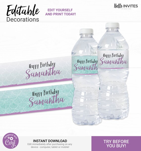 Mermaid Water Bottle Wrapper Birthday Decorations - Instant Access Edit Now - Under the Sea Ocean Pool Party Digital Printable DIY Decor Il_570xn