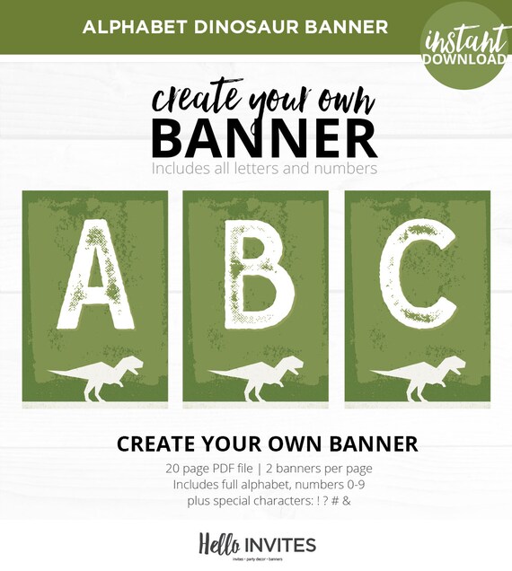 Dinosaur Alphabet Banner Diy Instant Download Decoration Green Etsy