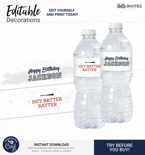 Baseball Water Bottle Wrapper Birthday Decorations Instant Access