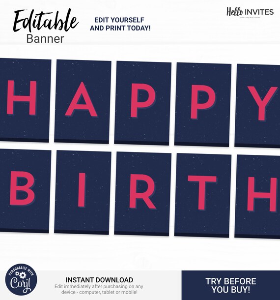 Geometric Editable Happy Birthday Banner Decorations - Instant Access Edit Now - Minimal Modern Clean Blue Digital Printable DIY Decor Il_570xn