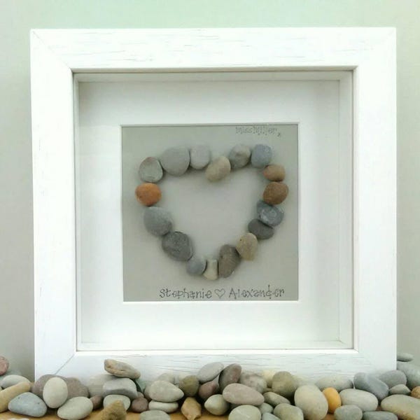 Pebble Art Heart Picture.Love Gift for Her or Him.Anniversary,Birthday,New Baby.Personalised Unique Gift.Mr & Mrs.White Frame.Nursery Wall.