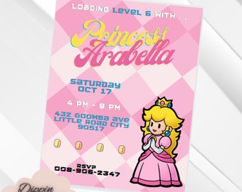Mario Princess Peach Birthday Invitation, Super Mario Birthday Invitation, Girl Invitation Party, Princess Peach Canva Edit, Mario Party