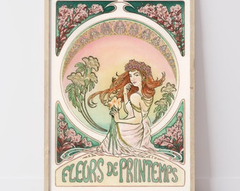DIN A4 - Fleurs de Printemps - Handgemaltes Art Nouveau Poster - Jugendstil - Print - Druck - Aquarell - Watercolor - Mucha