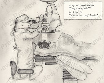 24x24 cm Digitaldruck - &quot;Dr. Lizard and the cataracta complicata&quot; (S1,E3) - Augenarzt Scherz Ophthalmologie Wortspiel Wandkunst Praxis oder Praxis