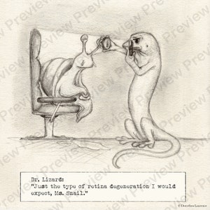 24x24 cm digital print - "Dr. Lizard and the snail tracks" (S1,E1)  - eye doctor joke ophthalmology pun wall art for eye practice or clinic