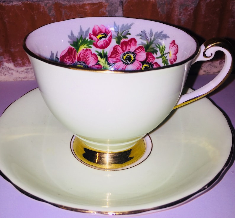 Windsor Pastel Green with Pink Camellia Sansnqua Flowers Inside Tea Cup and Saucer Made in England