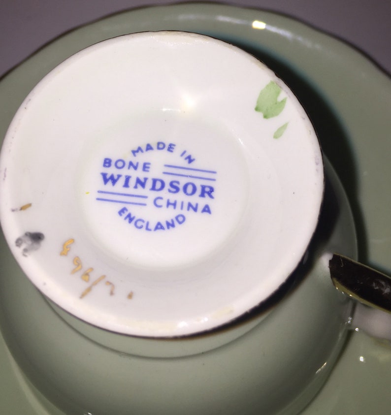 Windsor Pastel Green with Pink Camellia Sansnqua Flowers Inside Tea Cup and Saucer Made in England