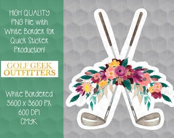 Crossed Golf Clubs Floral Down Swag PNG, Watercolor Floral Golf Sticker, Flowers and Golf Digital Download, Feminine Golf Print Clip Art