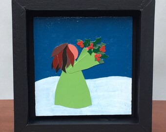 Holly Girl, Christmas, Collage, Folk Art, Recycled Art, whimsical, holiday