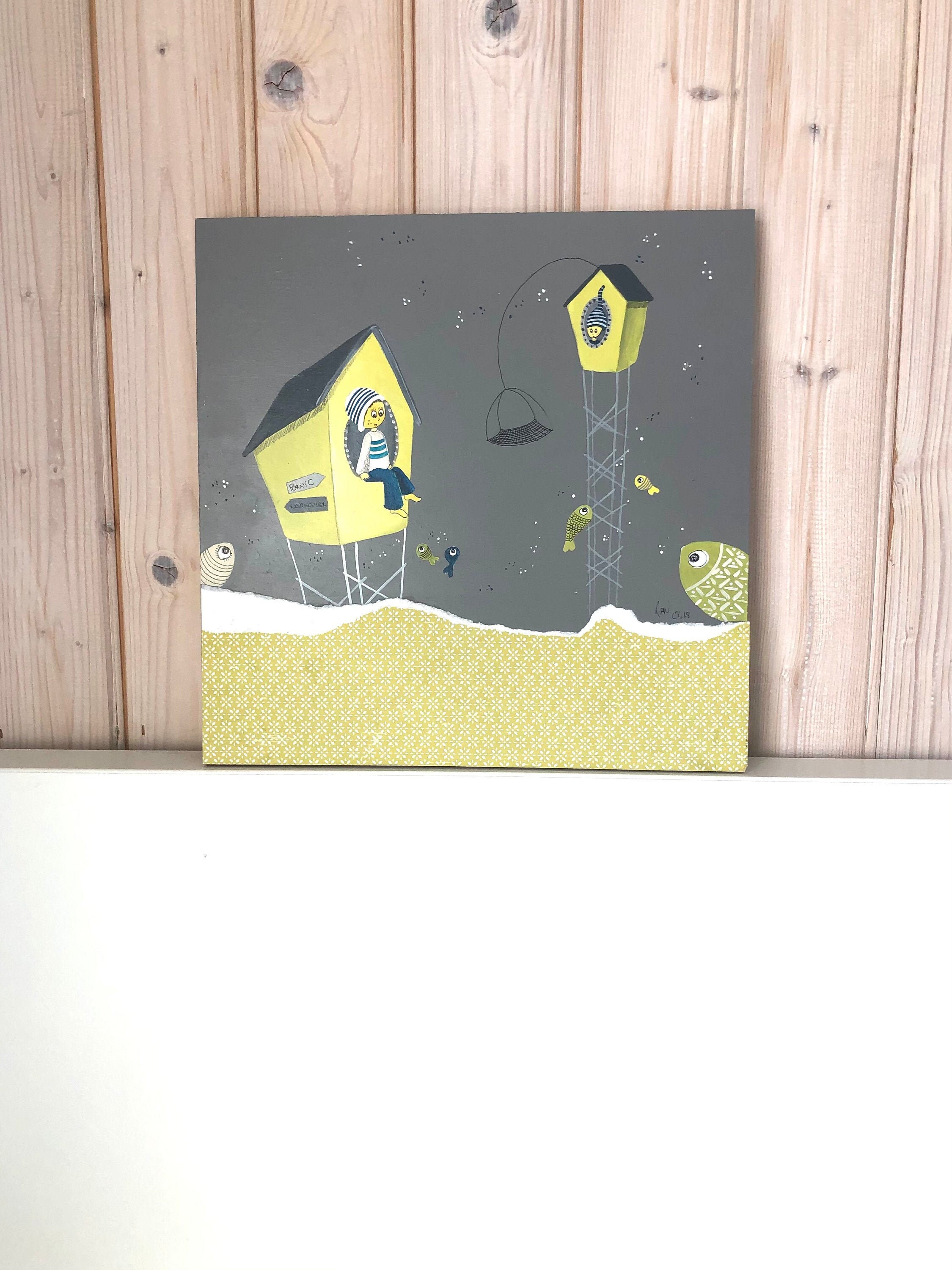 Peinture Murale Acrylique sur Bois, Ma Cabane en Bord de Mer