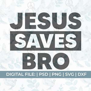 Puede incluir: Un archivo digital con el texto "JESUS SAVES BRO" en una fuente gris oscura sobre un fondo blanco con un patrón de acuarela azul claro de palomas y hojas.