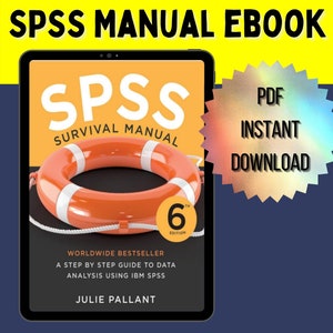 Op de afbeelding: Een digitale tablet die de omslag van een boek toont met de titel "SPSS Survival Manual, 6e editie". De omslag toont een reddingsboei en de tekst "Wereldwijde bestseller, Een stapsgewijze handleiding voor data-analyse met IBM SPSS, Julie Pallant".