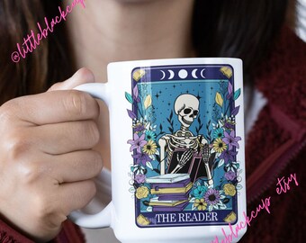 The Reader Mug- The Reader Tarot Card Coffee Mug- Occult Tarot Card Coffee Mug- Witchy Mug- Skeleton Tarot Mug - tea coffee mug - 15 oz mug