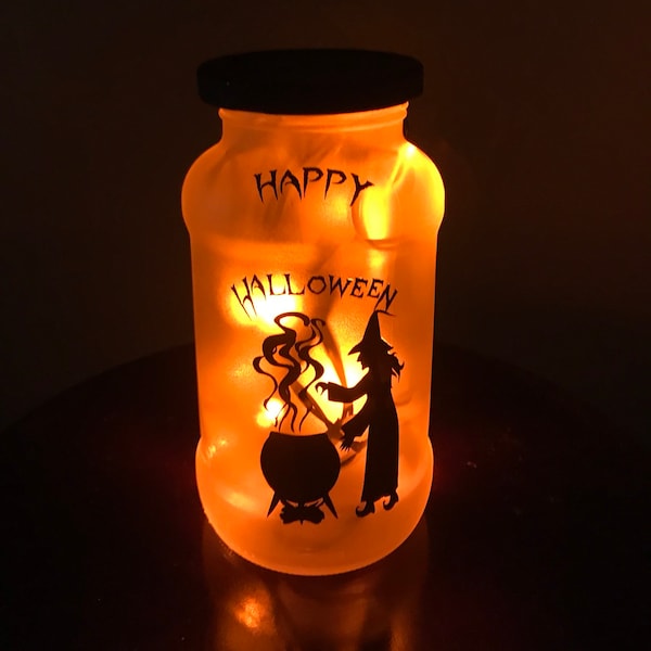 Halloween light up jar, witch Halloween decor, Halloween lantern, Halloween lamp, witch lantern, gift for Halloween, cauldron decor, witch