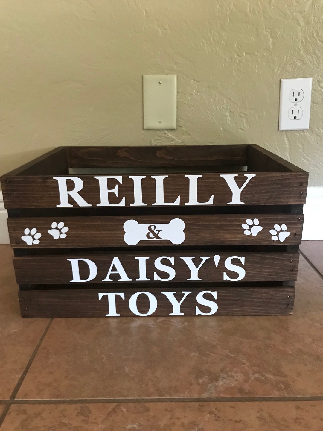 Personalised Dog Puppy Wooden Toy Box, Crate for Treats and Storage Pet  Gift With Bone and Paw Prints Design 
