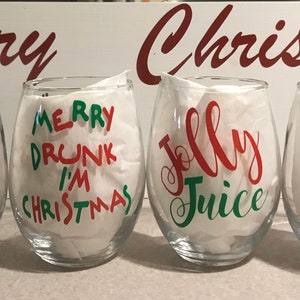 Wine glasses, Christmas wine glasses, Stemless wine glasses, Set of 4 Christmas wine glasses, Jolly Juice, Dashing through Merlot