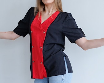 90s 80s Vintage Color Block Blouse Black and Red V-neck Shirt Minimalist Top Short Sleeve with Shoulder pads Retro Style Casual Blouse Sz S