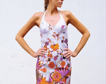 Vintage 70-tals halterneckklänning 60-tals psykodeliskt tryck flerfärgad vit klänning sommarfestival funky blommönster ärmlös klänning hippie boho XS