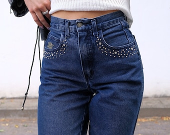 Jeans 80s, Vintage 90s Jeans Angels, Studded Jeans Rhinestone, Embellished Tapered Mom Jeans High Waist Dark Blue Denim Women's Size S Pants