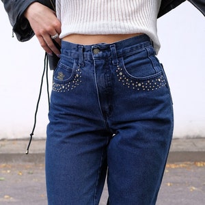 Jeans 80s, Vintage 90s Jeans Angels, Studded Jeans Rhinestone, Embellished Tapered Mom Jeans High Waist Dark Blue Denim Women's Size S Pants