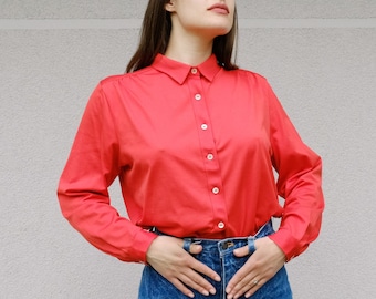 Vintage 70s Red Shirt Polyester Blouse Minimalist Poppy Red Shirt Button Down Retro 70s Top Long Sleeve Shirt Blouse Plain Button Up Sz S/M