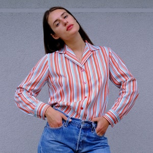 70s Vintage Striped Shirt Notched Collar, Long Sleeve Striped Top, Red White Button Down Shirt, Button Up Blouse Red Striped Women's Shirt image 1