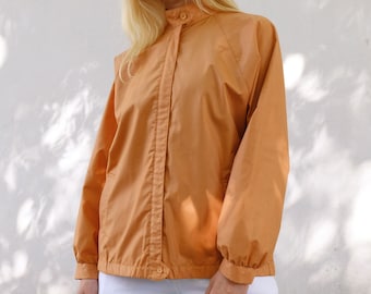 Vintage 90s Caramel Woman's Jacket, Summer Windbreaker For Women, Zip Up Oversized Minimalist Jacket, Shimmering Material, Unique Color Sz M