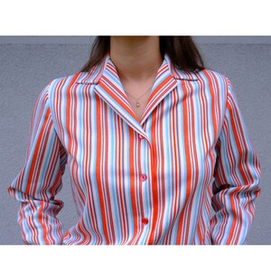 70s Vintage Striped Shirt Notched Collar, Long Sleeve Striped Top, Red White Button Down Shirt, Button Up Blouse Red Striped Women's Shirt image 9